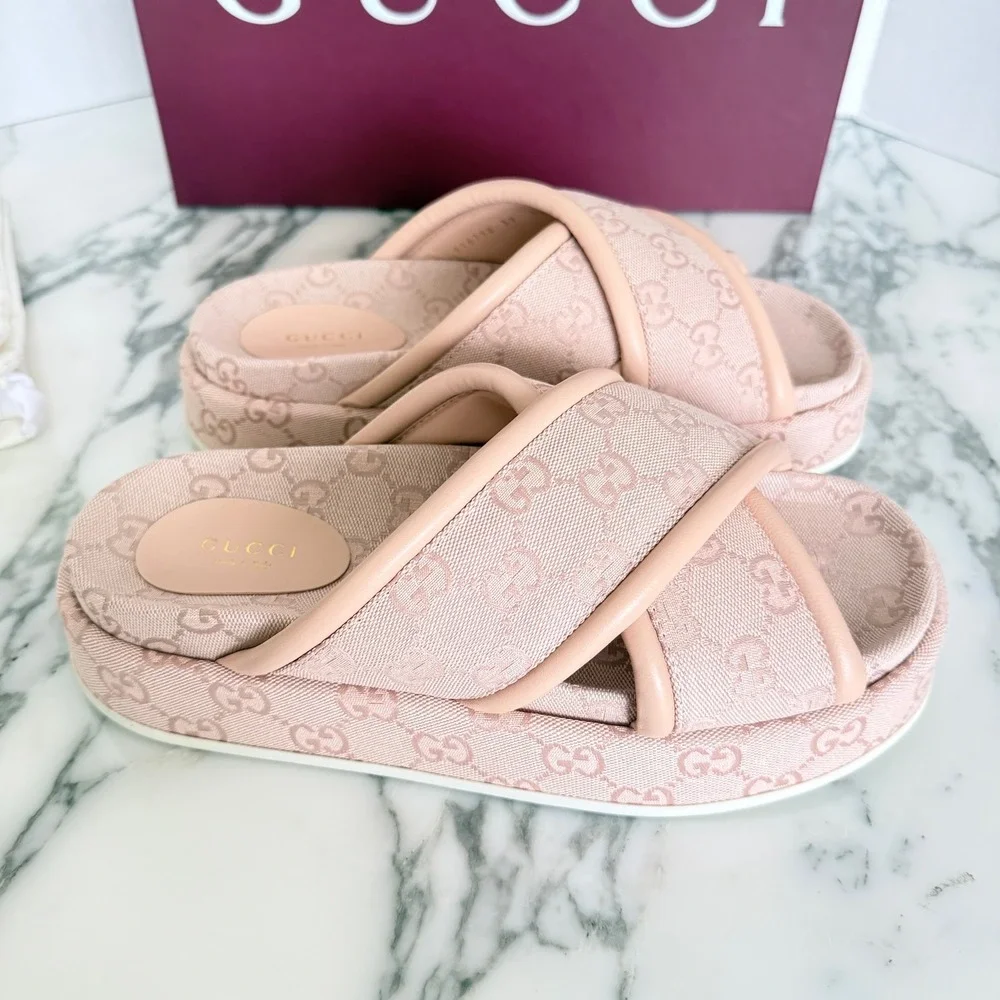 Gucci GG Canvas Platform Slide Sandals Pink Crisscross 816798 FAD9D 6845 Size 39